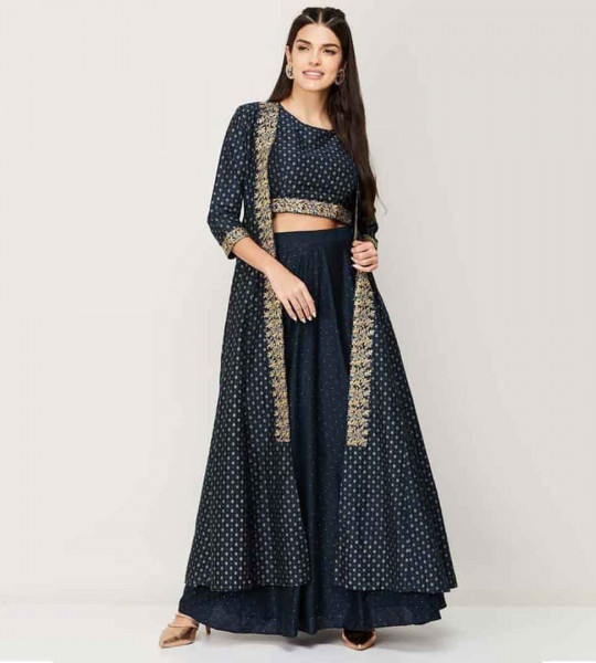 "SPAN Women Printed Blouse with Lehenga and Long Jacket "