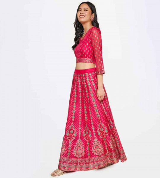 GLOBAL DESI Women Floral Printed Blouse with Lehenga