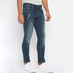 Men Blue Low Distress Heavy Fade Slim Fit Cotton Jeans