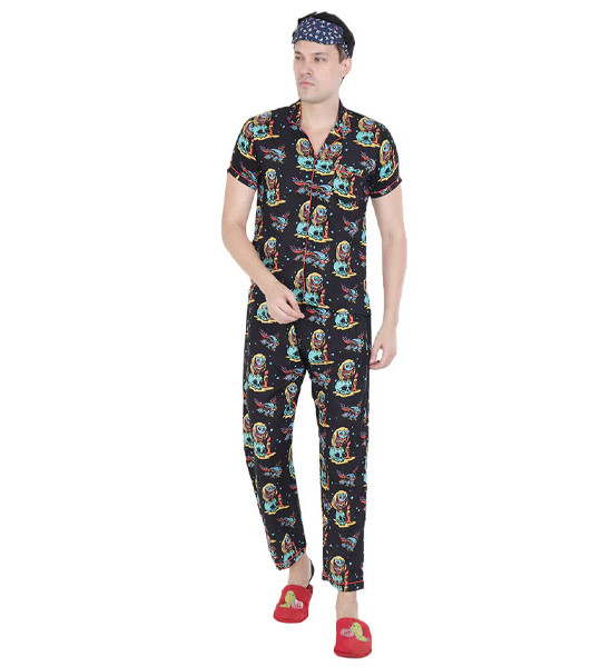 Black Printed Sleepwear Set (Get Free Face Mask Inside)