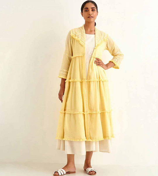 Women Yellow Ethnic Embroidered Cotton Longline Shrug