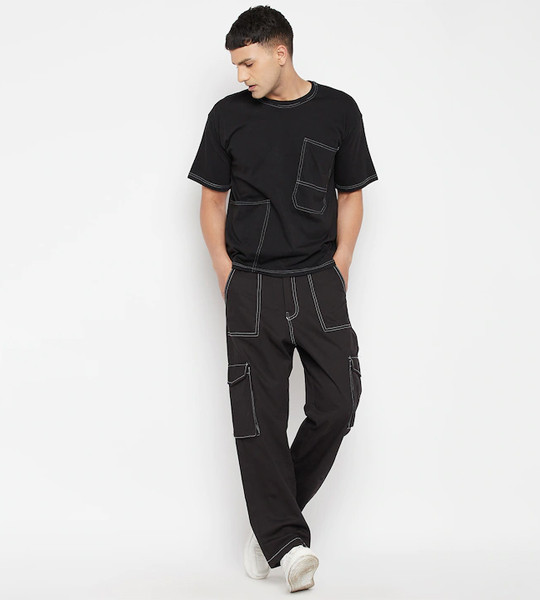 Men Black Relaxed Loose Fit Cargos Trousers