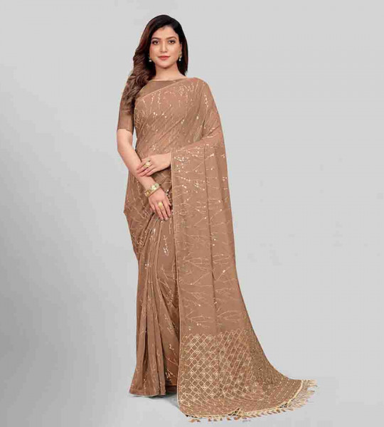 Beige & Gold-Toned Embellished Sequinned Pure Georgette Saree