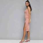 Women Peach-Coloured One-Shoulder A-Line Midi Dress With Slit