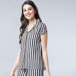 Women Black & White Regular Fit Striped Sleep Shirt