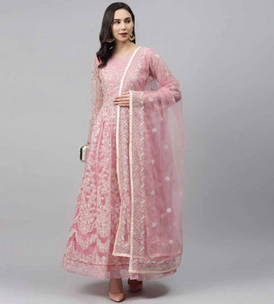 Pink & Beige Net Embroidered Semi-Stitched Dress Material